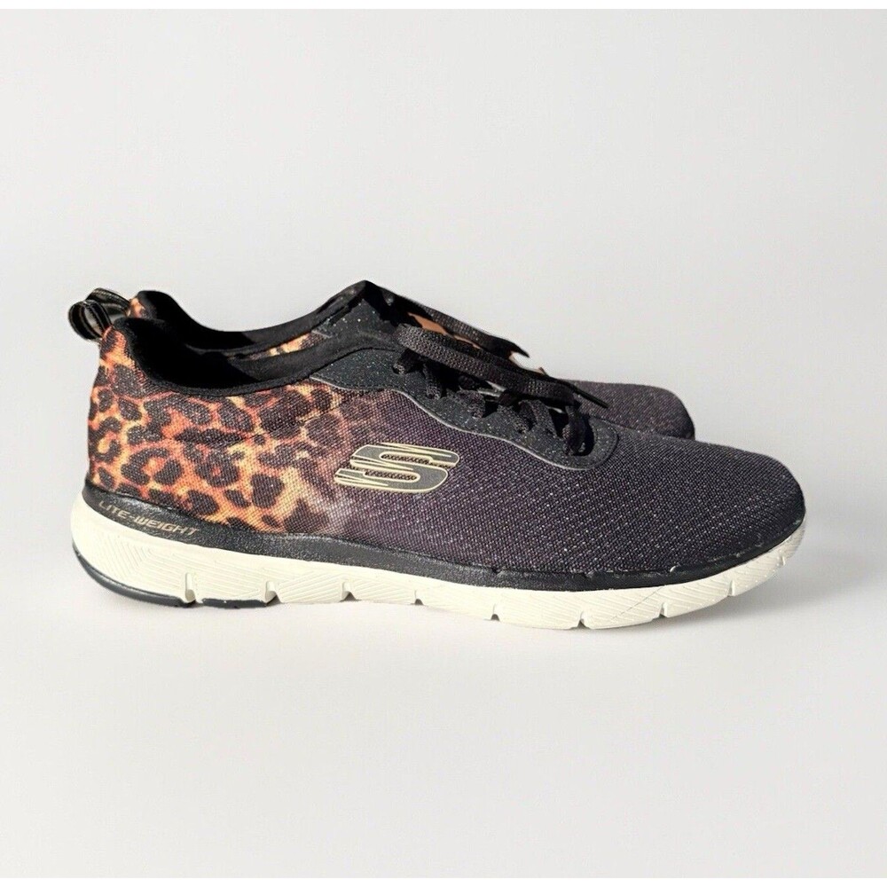 Skechers Women's 9.5 Black Leopard Print Memory Foam Lace Up Sneaker Lite Weight